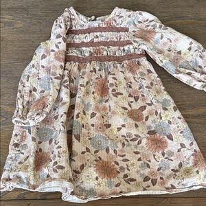 Zara Girls Floral Long-Sleeve Dress in Rust, Cream & Muted Blue. 3T